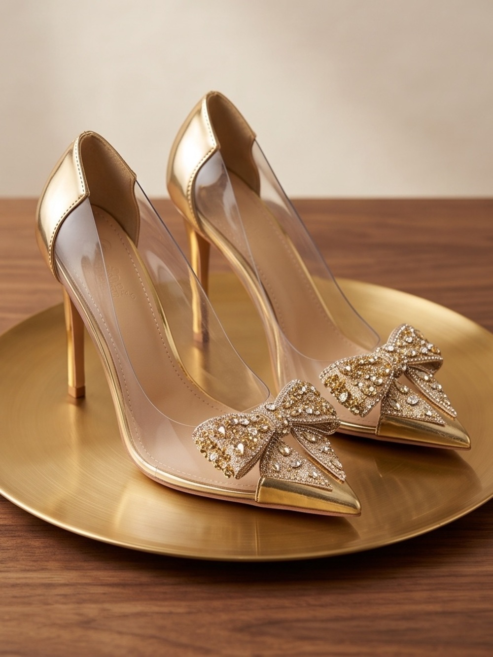 Gold Crystal Bow Pointed-Toe Stiletto Heels
